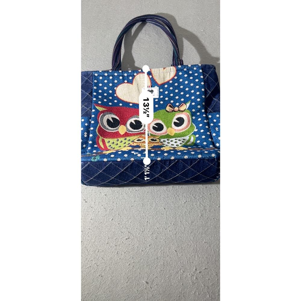 Korean Style Owl Tote Bag Blue Quilted Polka Dot Handbag - Picture 8 of 16
